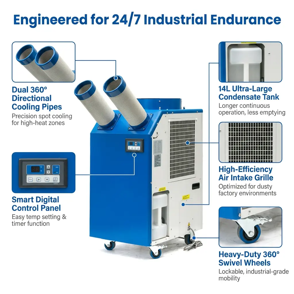 ওয়ার্কশপের জন্য OEM 14L বড় ট্যাঙ্ক 2700W পাওয়ার 9300BTU রোটারি কম্প্রেসার পোর্টেবল স্পট কুলার ইন্ডাস্ট্রিয়াল এয়ার কন্ডিশনার