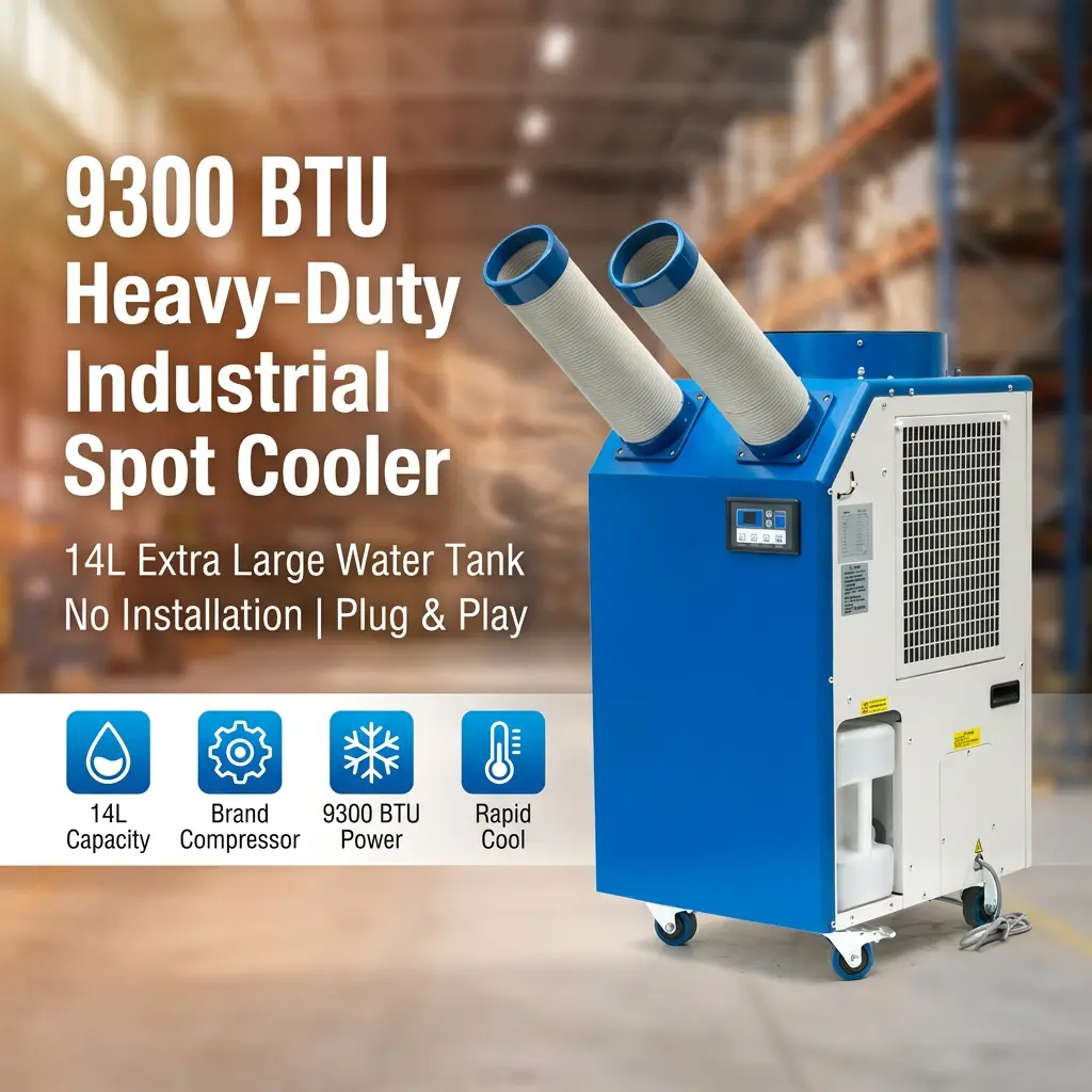 ওয়ার্কশপের জন্য OEM 14L বড় ট্যাঙ্ক 2700W পাওয়ার 9300BTU রোটারি কম্প্রেসার পোর্টেবল স্পট কুলার ইন্ডাস্ট্রিয়াল এয়ার কন্ডিশনার